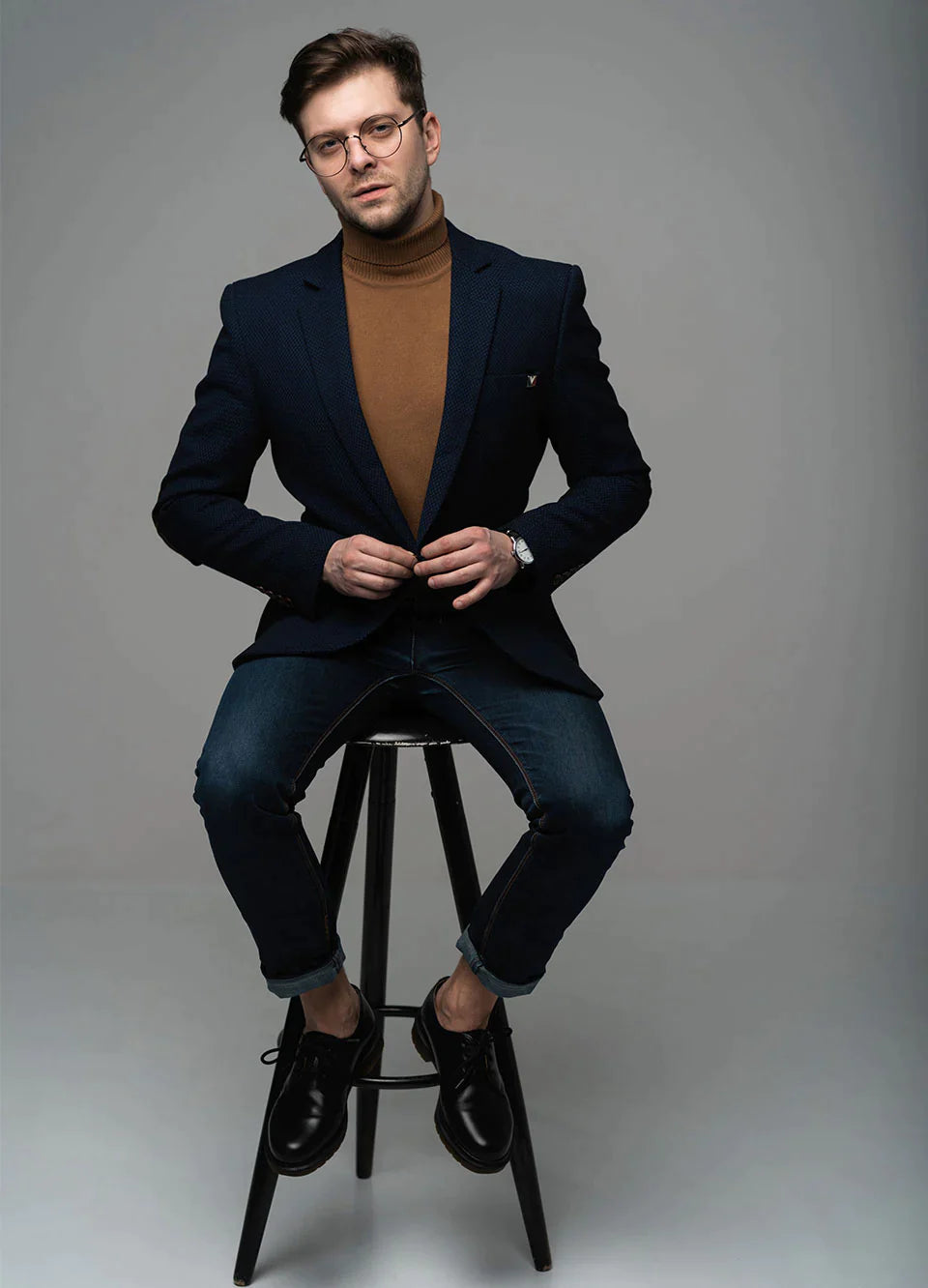 Men Dark Blue Slim Fit Solid Single Breasted Blazer